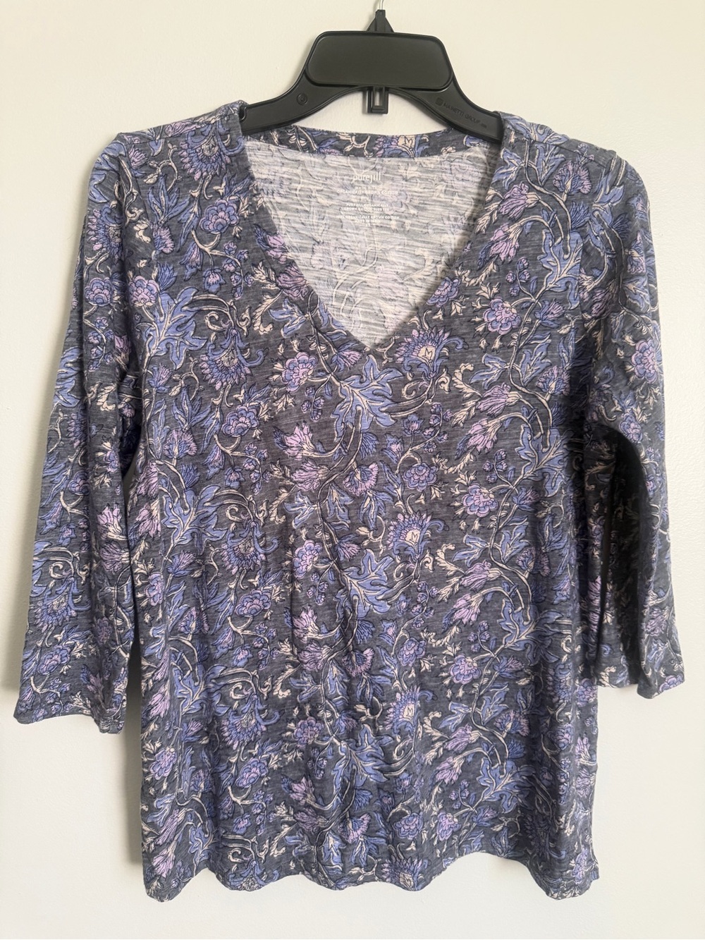 Pure Jill J Jill Gray V-neck Floral Lavender 3/4 sleeve organic cotton size XS